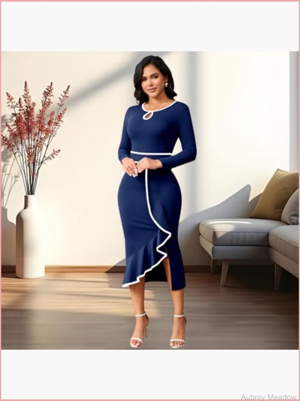 Elegant Vintage Bodycon Midi Dress Long Sleeve Pencil Work Church - Picture 3 of 7